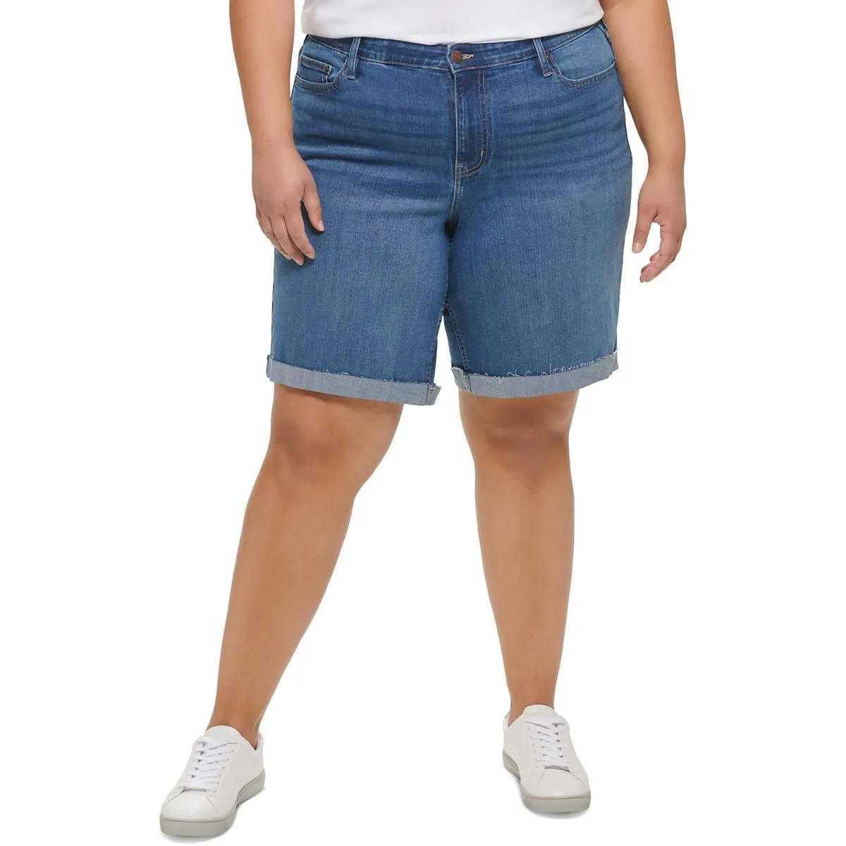Plus Womens Raw Hem Medium Wash Denim Shorts
