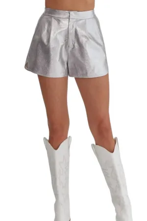 Pnina Metallic Vegan Leather Shorts In Silver