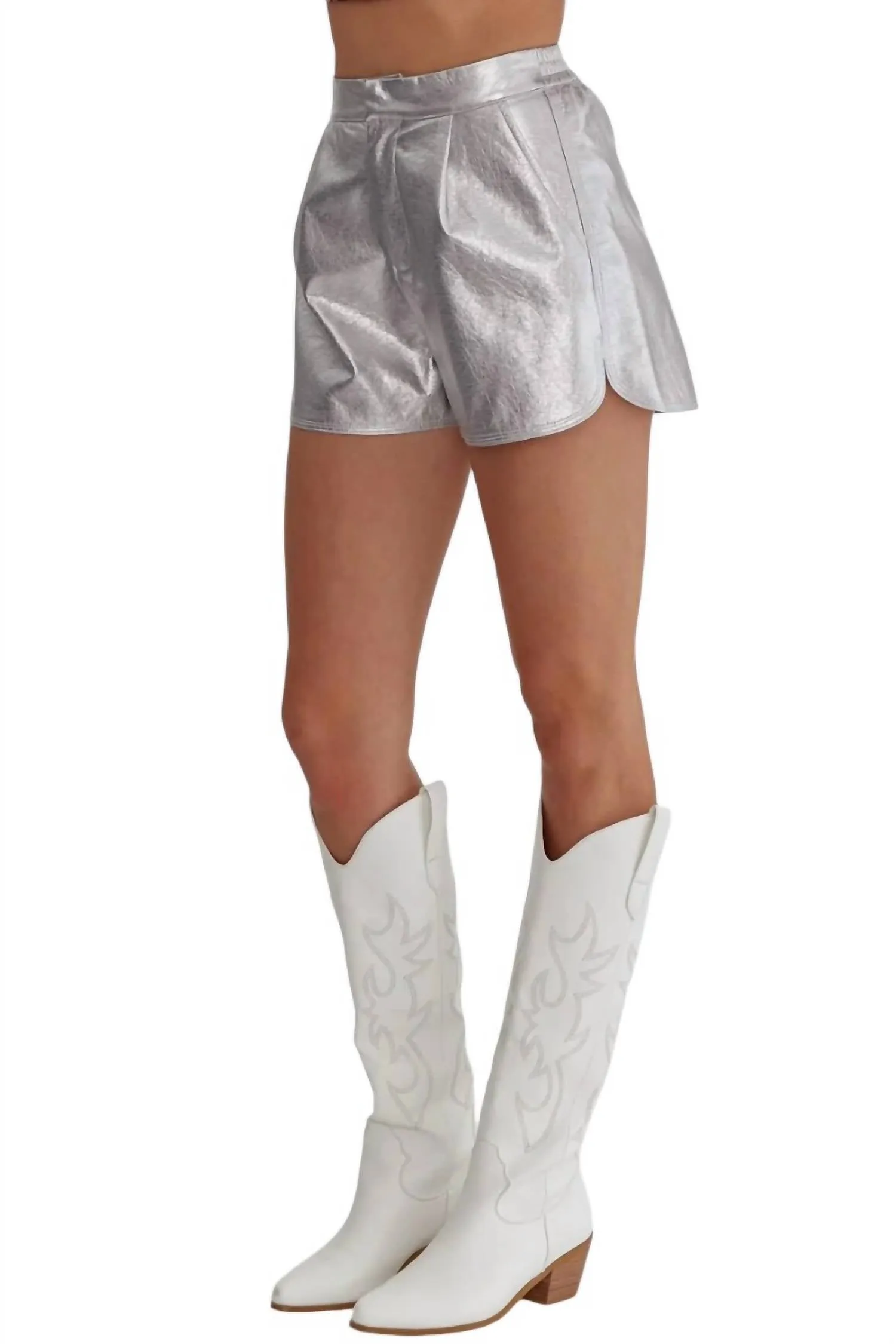 Pnina Metallic Vegan Leather Shorts In Silver