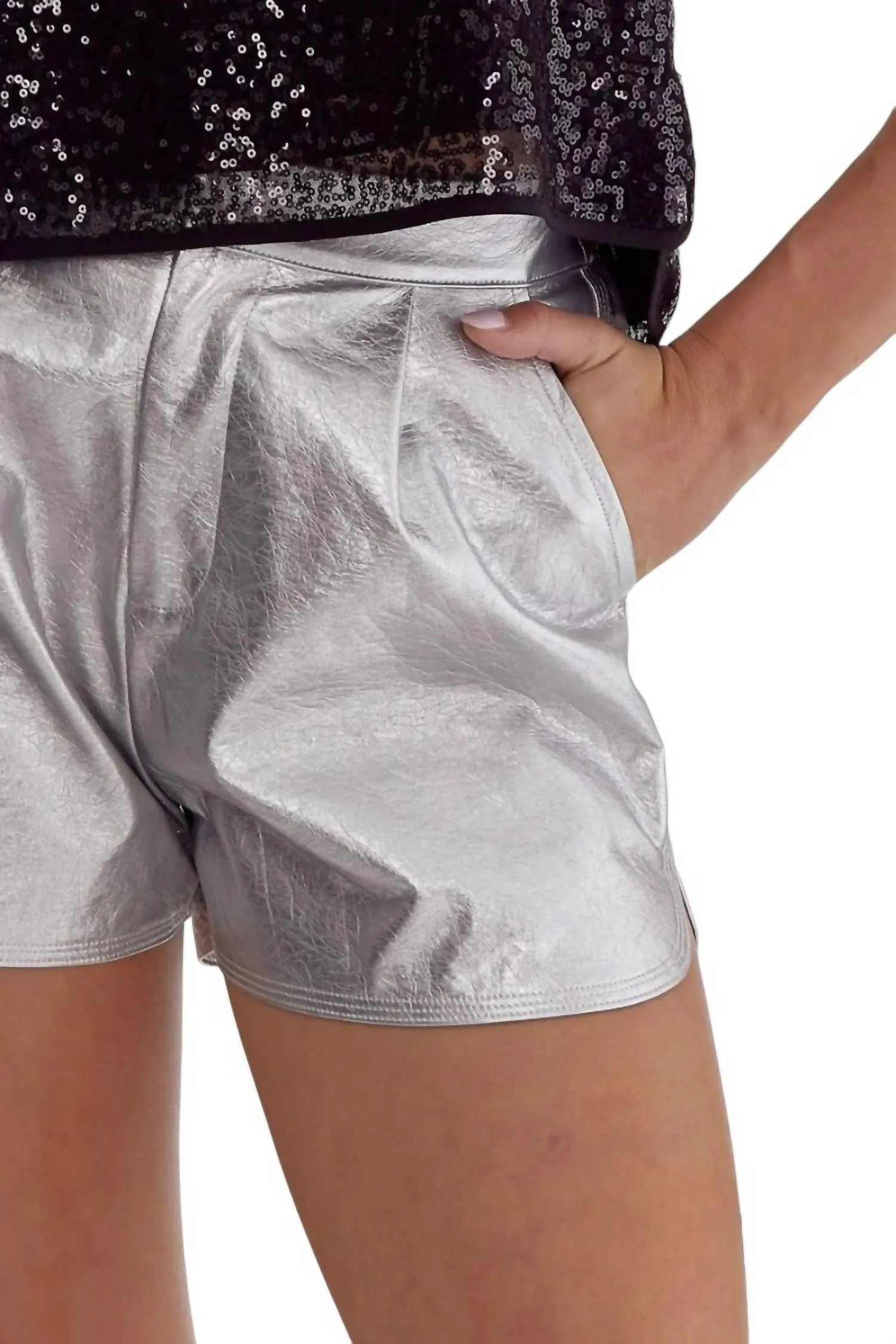 Pnina Metallic Vegan Leather Shorts In Silver