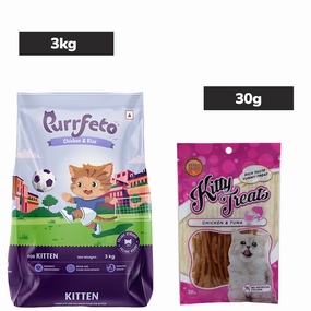 Purrfeto Chicken and Rice Kitten Cat Dry Food and Kitty Treats Soft Chicken and Tuna Cat Treats Combo