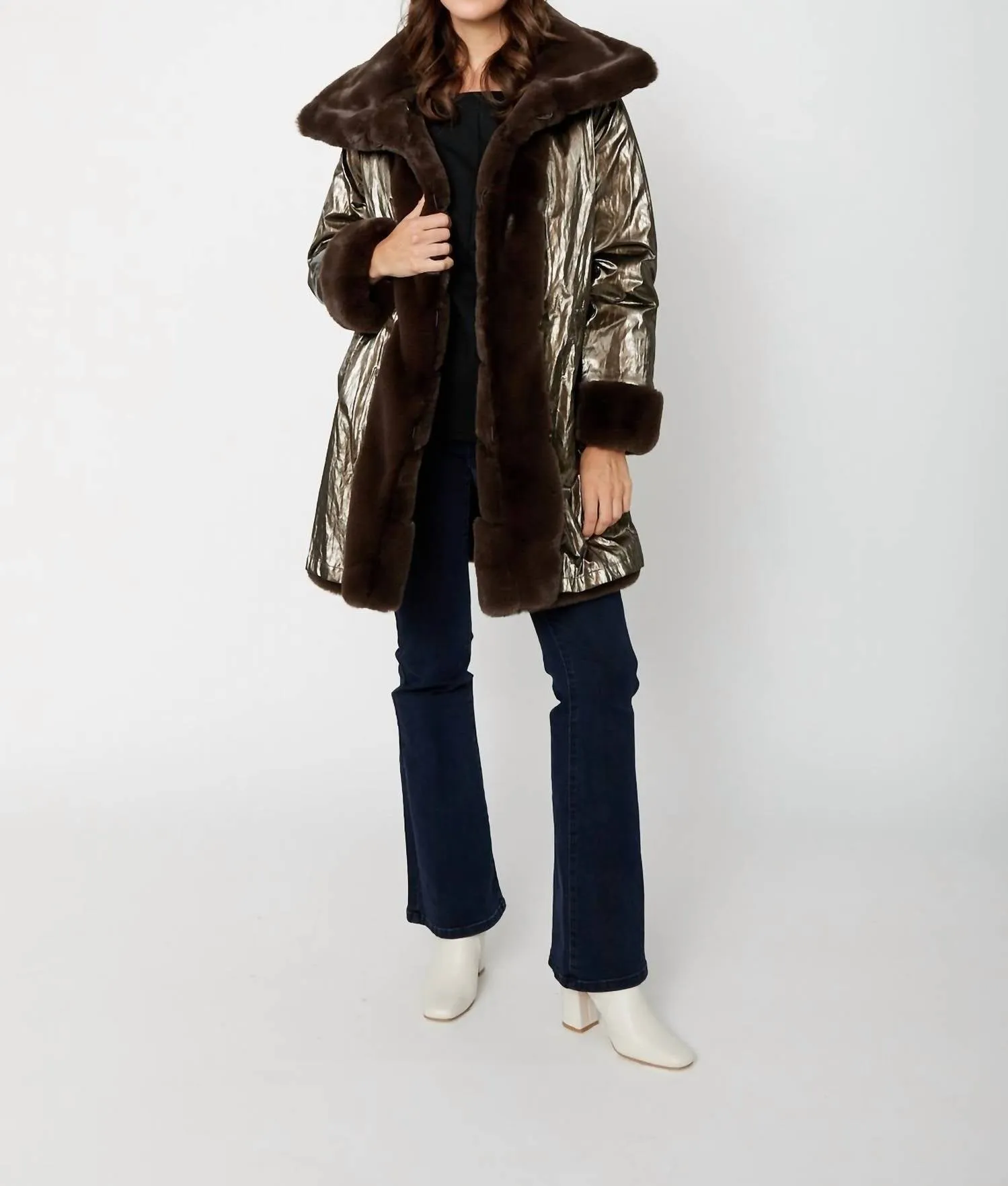Reversible Faux Fur Metallic Coat In Taupe