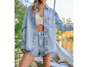 Rhinestone Pinstripe Jacket In Light Denim