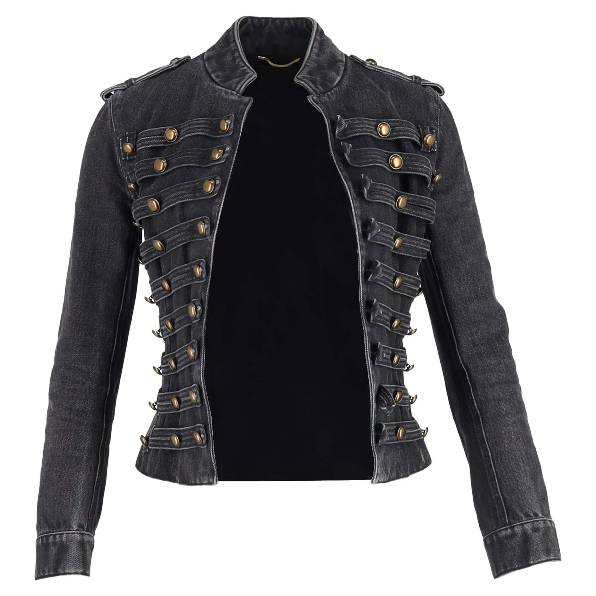 Saint Laurent Officer Military Denim Jacket In Black Cotton