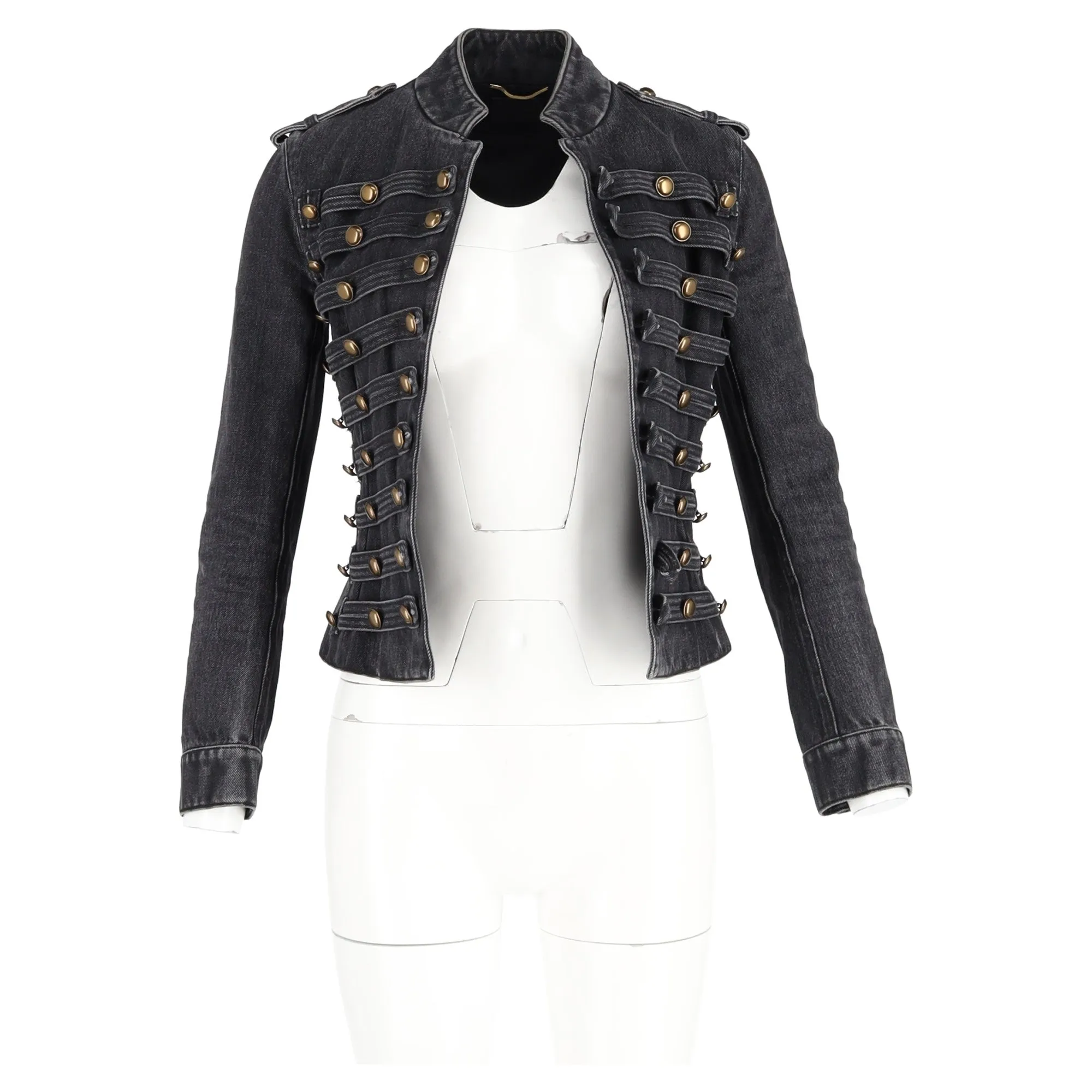 Saint Laurent Officer Military Denim Jacket In Black Cotton