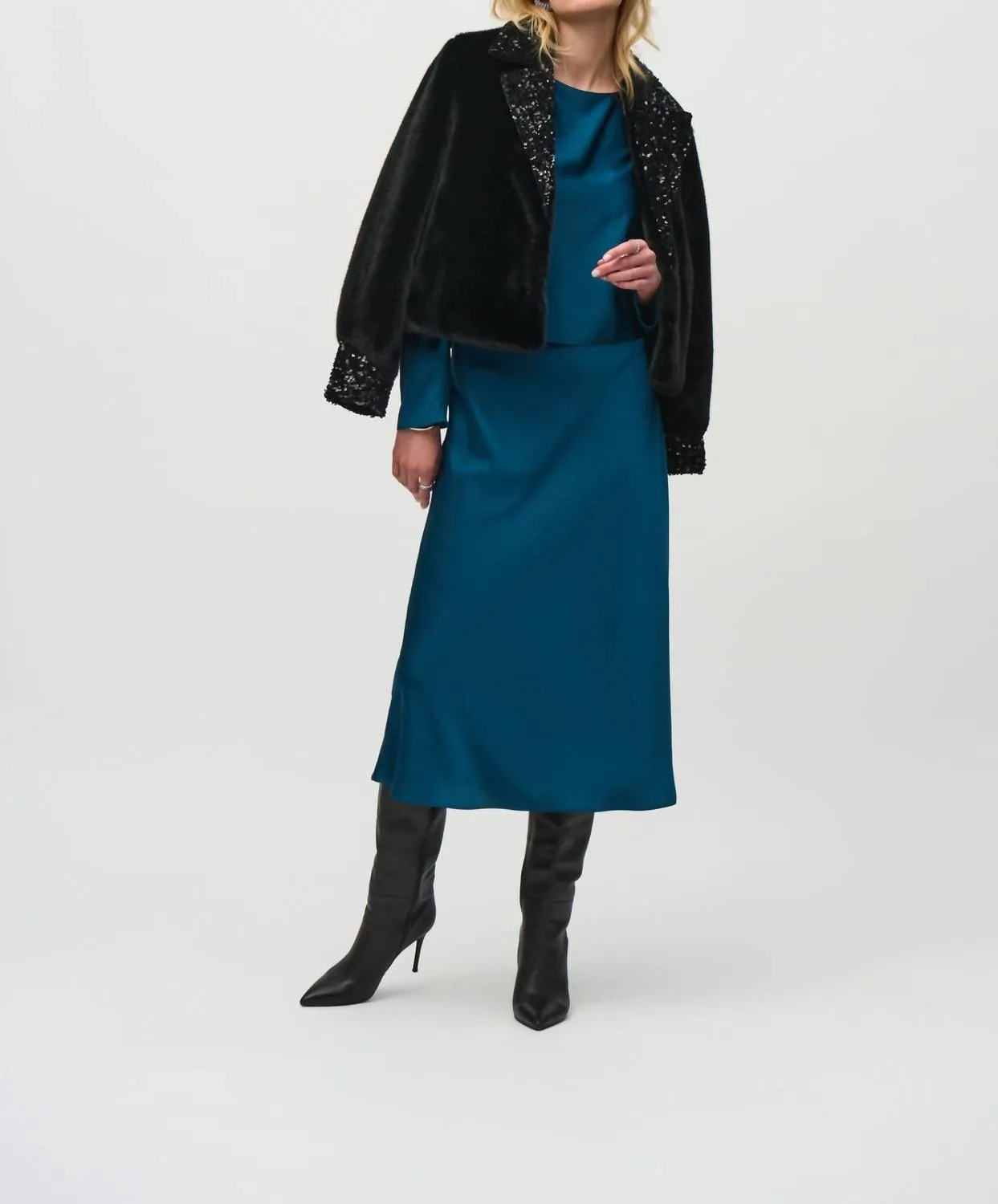 Sequined Faux Fur Jacket In Black