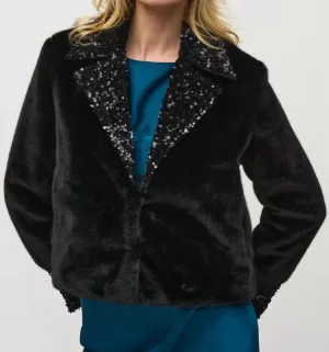 Sequined Faux Fur Jacket In Black