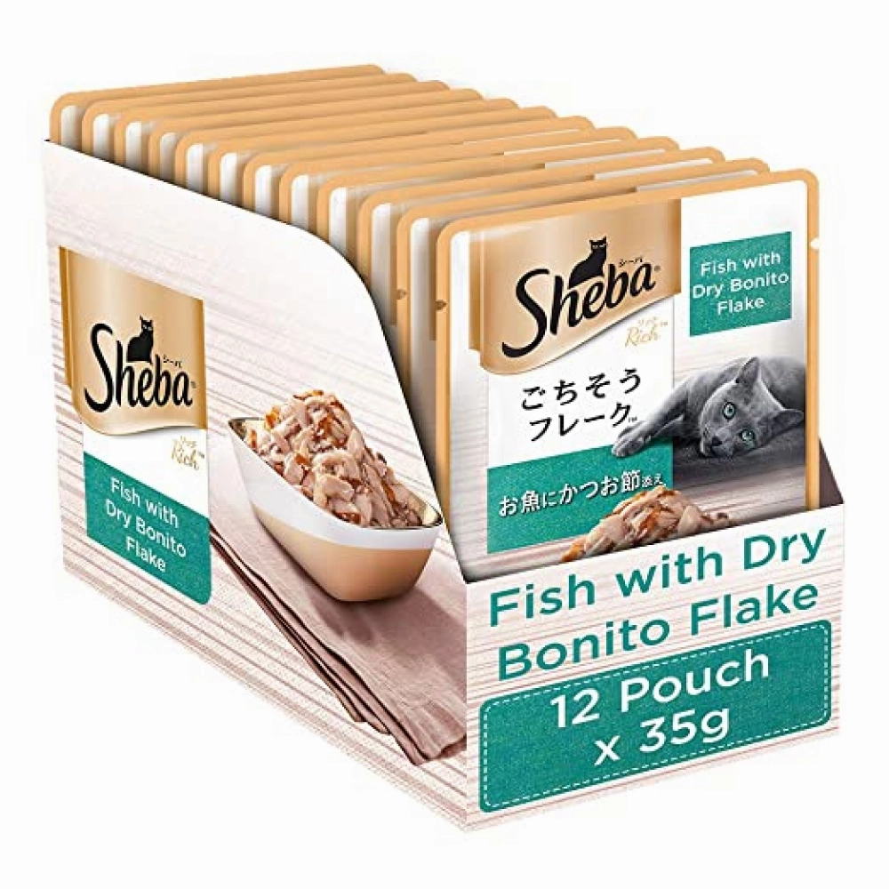Sheba Fish with Dry Bonito Flake, Skipjack & Salmon Fish, Maguro & Bream Fish Mix and Fish with Sasami Cat Wet Food Combo