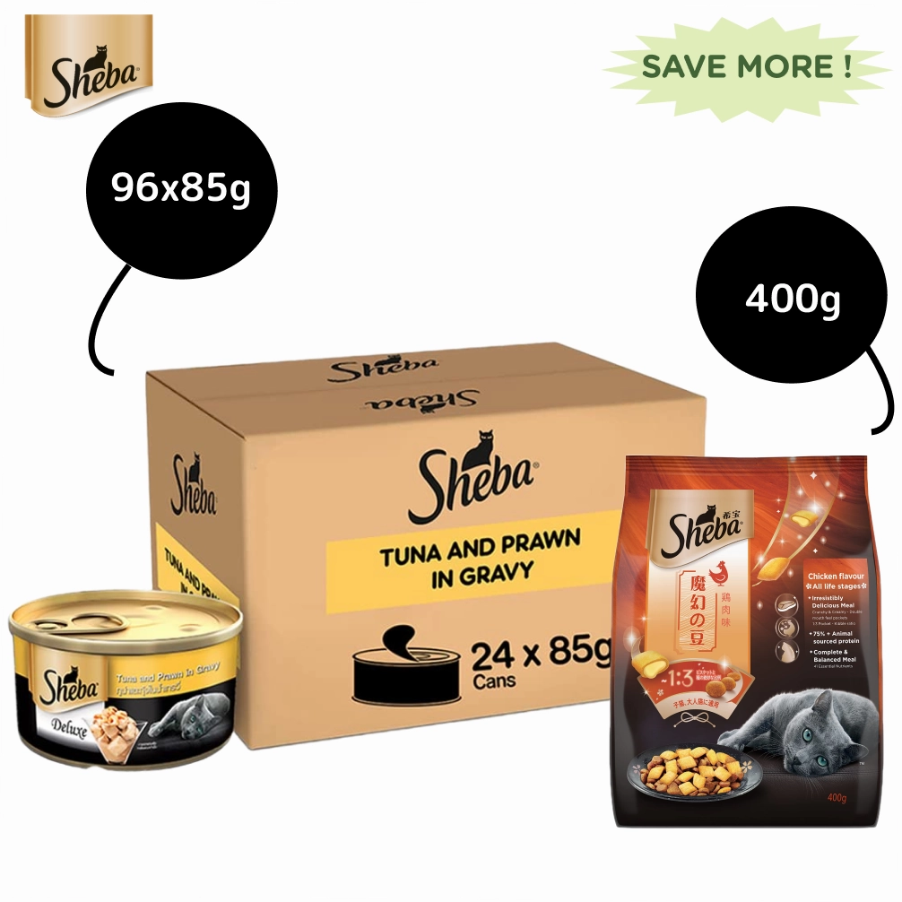 Sheba Tuna Fillet & Whole Prawns in Gravy Premium Cat Wet Food and Chicken Flavour Irresistible All Life Stage Cat Dry Food Combo