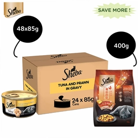 Sheba Tuna Fillet & Whole Prawns in Gravy Premium Cat Wet Food and Chicken Flavour Irresistible All Life Stage Cat Dry Food Combo