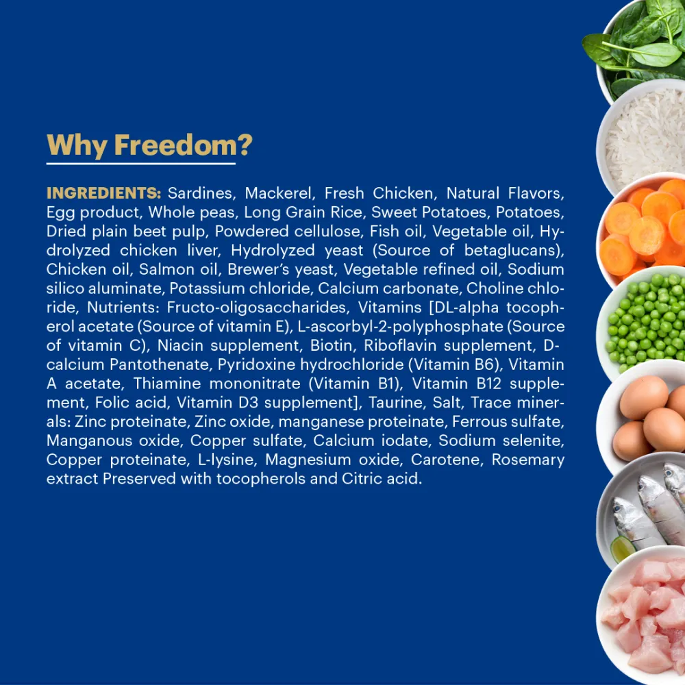 Signature Freedom Fish, Chicken and Peas Recipe Adult Cat Dry Food and Grain Zero Salmon Lickable Creamy Cat Treats Combo