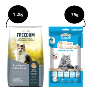 Signature Freedom Fish, Chicken and Peas Recipe Persian Cat Dry Food and Grain Zero Chicken and Liver Lickable Creamy Cat Treats Combo