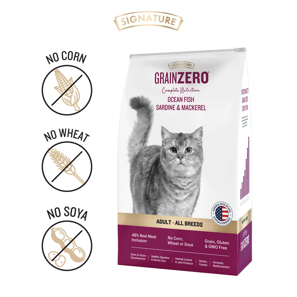 Signature Grain Zero Ocean Fish, Sardine and Mackerel Adult Cat Dry Food and Grain Zero Bonito and Scallop Lickable Creamy Treats for Cats Combo