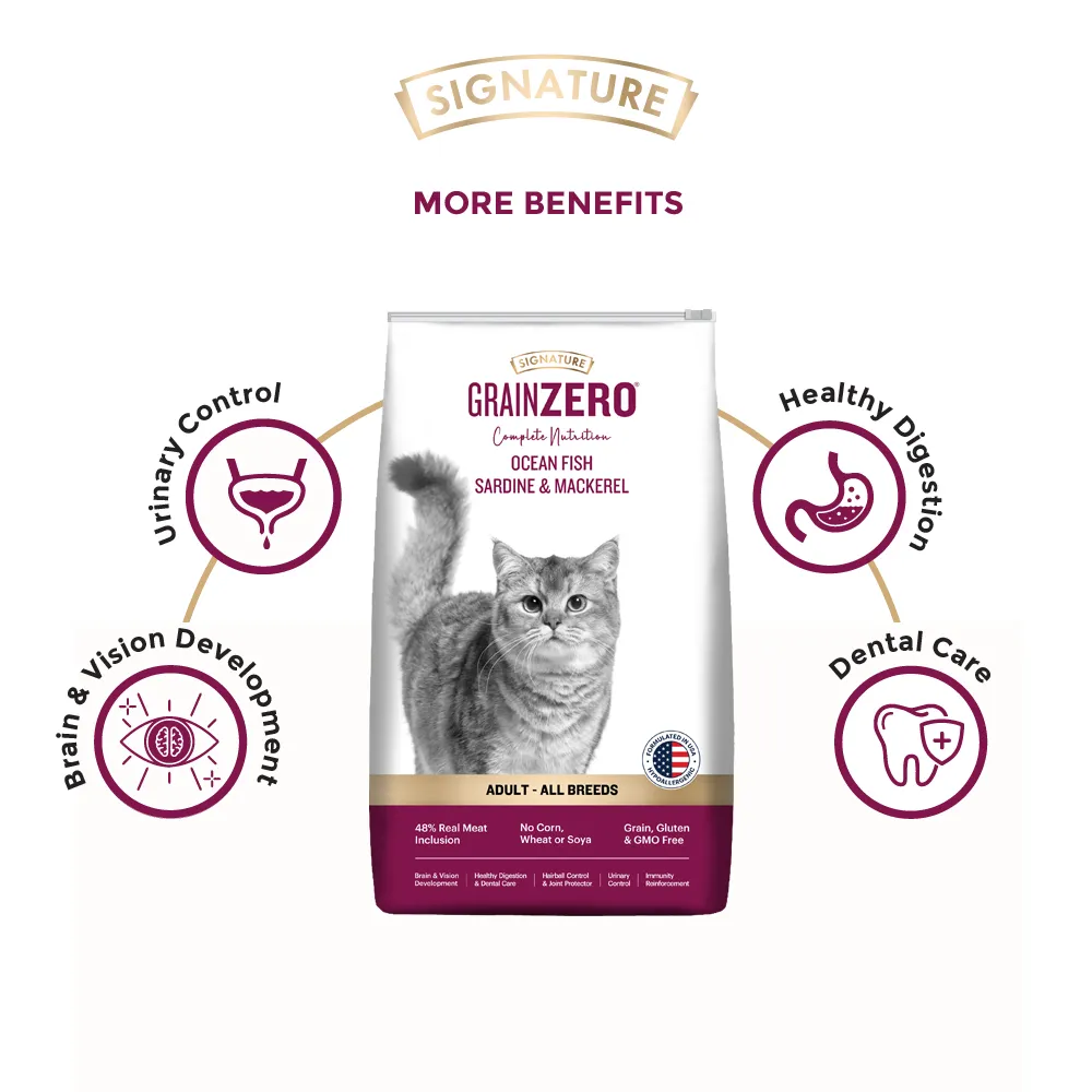 Signature Grain Zero Ocean Fish, Sardine and Mackerel Adult Cat Dry Food and Grain Zero Bonito and Scallop Lickable Creamy Treats for Cats Combo