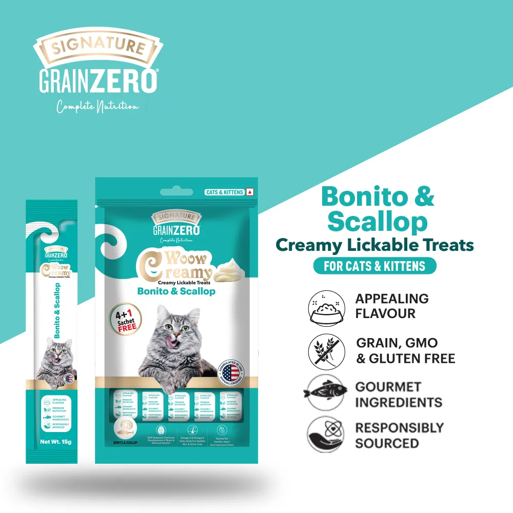 Signature Grain Zero Ocean Fish, Sardine and Mackerel Adult Cat Dry Food and Grain Zero Bonito and Scallop Lickable Creamy Treats for Cats Combo