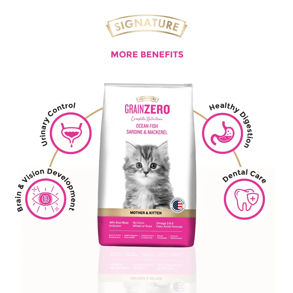 Signature Grain Zero Ocean Fish, Sardine and Mackerel Mother and Kitten Cat Dry Food and Grain Zero Chicken and Liver Lickable Creamy Cat Treats Combo