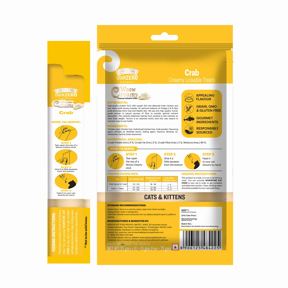 Signature Grain Zero Ocean Fish, Sardine and Mackerel Long Coat & Persian Adult Cat Dry Food and Grain Zero Crab Lickable Creamy Cat Treats Combo