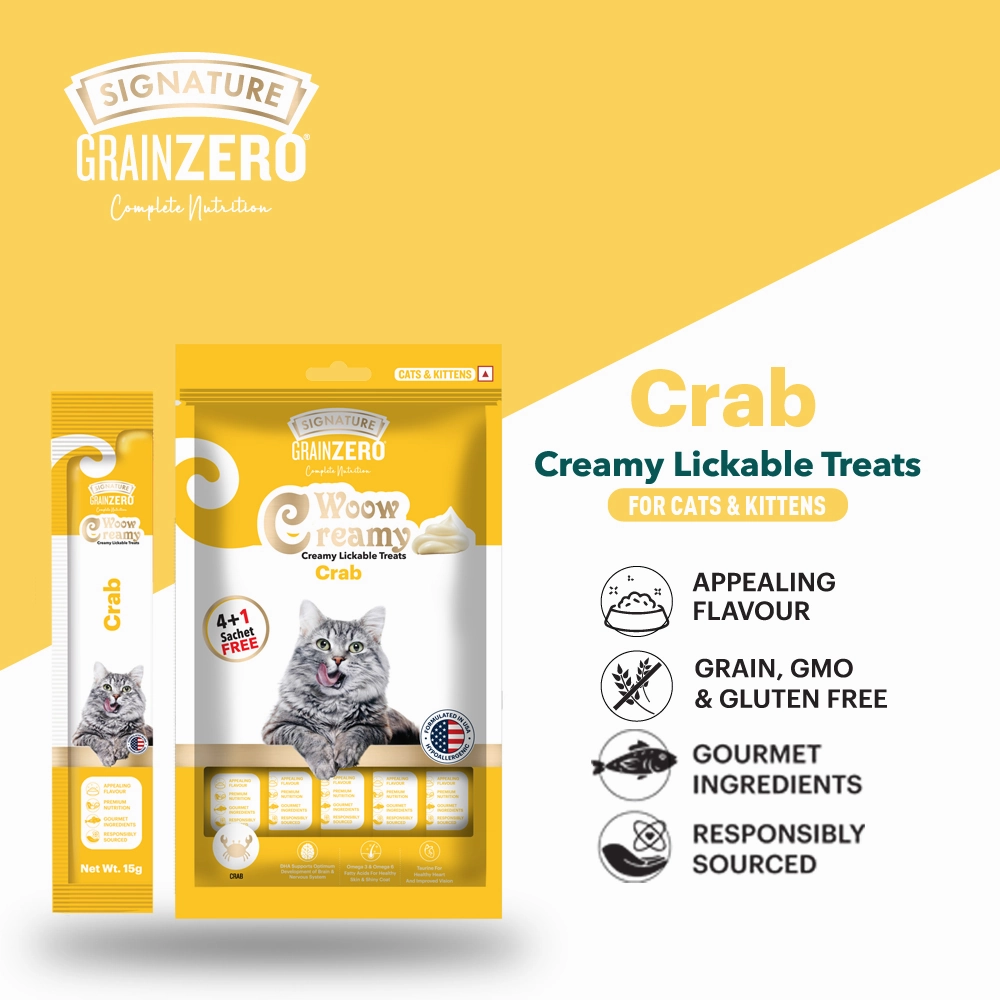 Signature Grain Zero Ocean Fish, Sardine and Mackerel Long Coat & Persian Adult Cat Dry Food and Grain Zero Crab Lickable Creamy Cat Treats Combo
