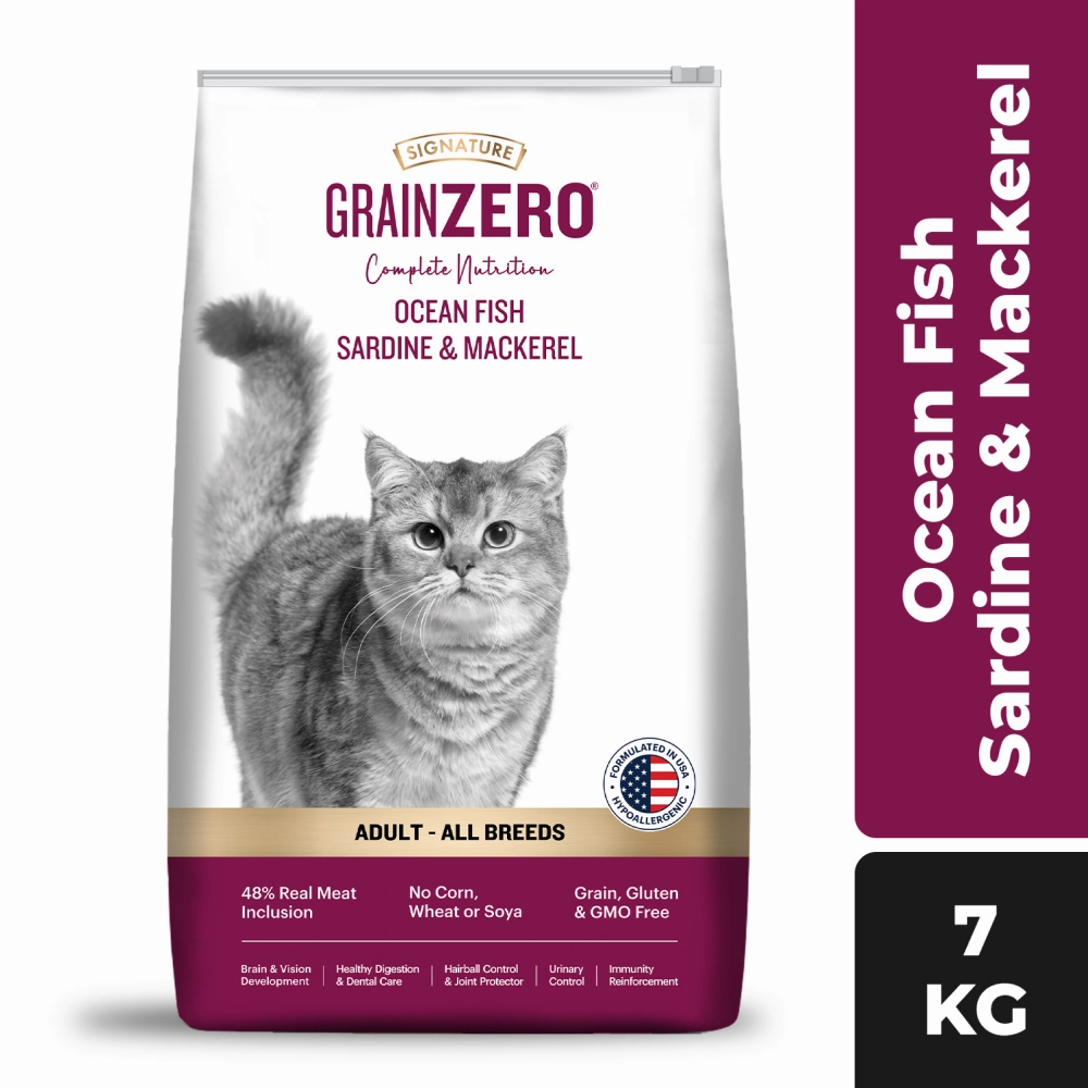 Signature Grain Zero Ocean Fish Sardine Mackerel Adult Dry Food, Me O Creamy Chicken Liver Cats Treat Combo