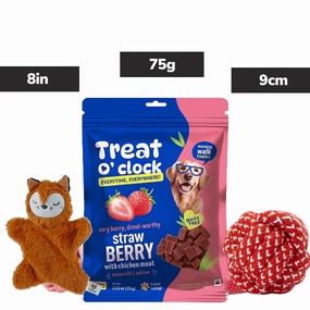 Skatrs Rope Ball Toy, Barkbutler x Fofos Plush Fox & Natural Remedies Strawberry Chicken Dog Combo