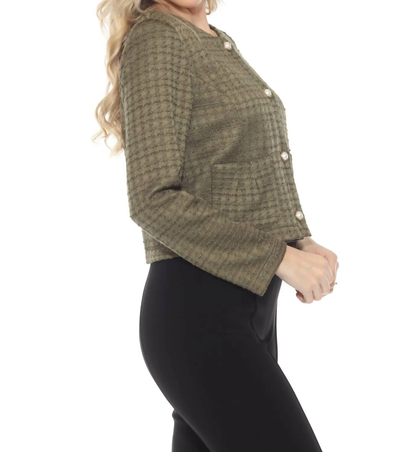 Textured Houndstooth Jacket In Olive Green