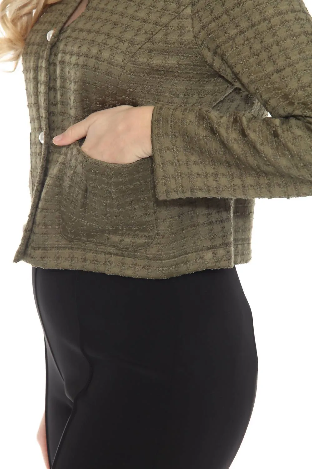 Textured Houndstooth Jacket In Olive Green
