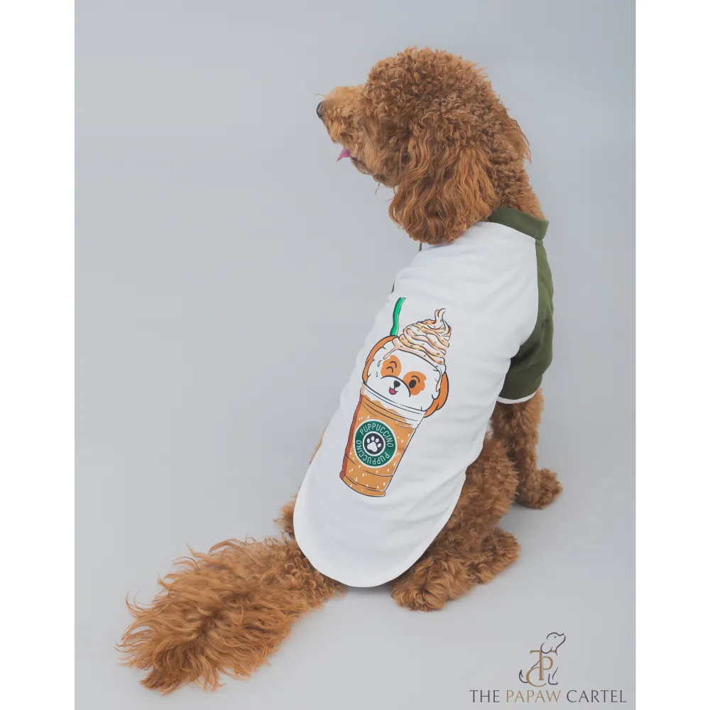 The Papaw Cartel Puppacino Dog Tshirt for Dogs (White/Olive/Green)