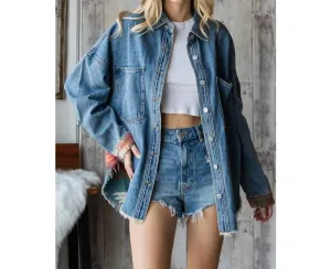 Vintage Pattern Splicing Denim Jacket In Med Wash Teal