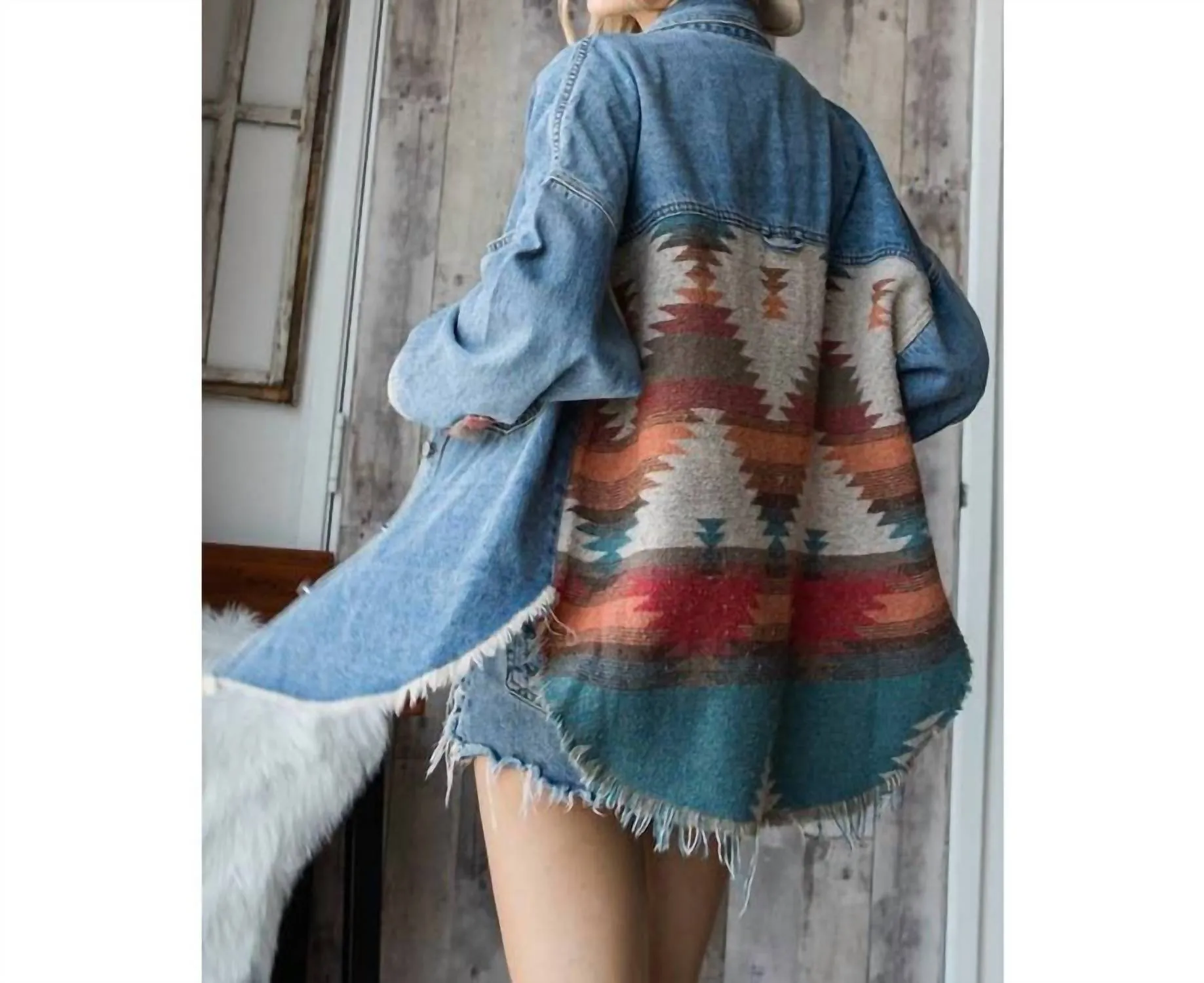 Vintage Pattern Splicing Denim Jacket In Med Wash Teal