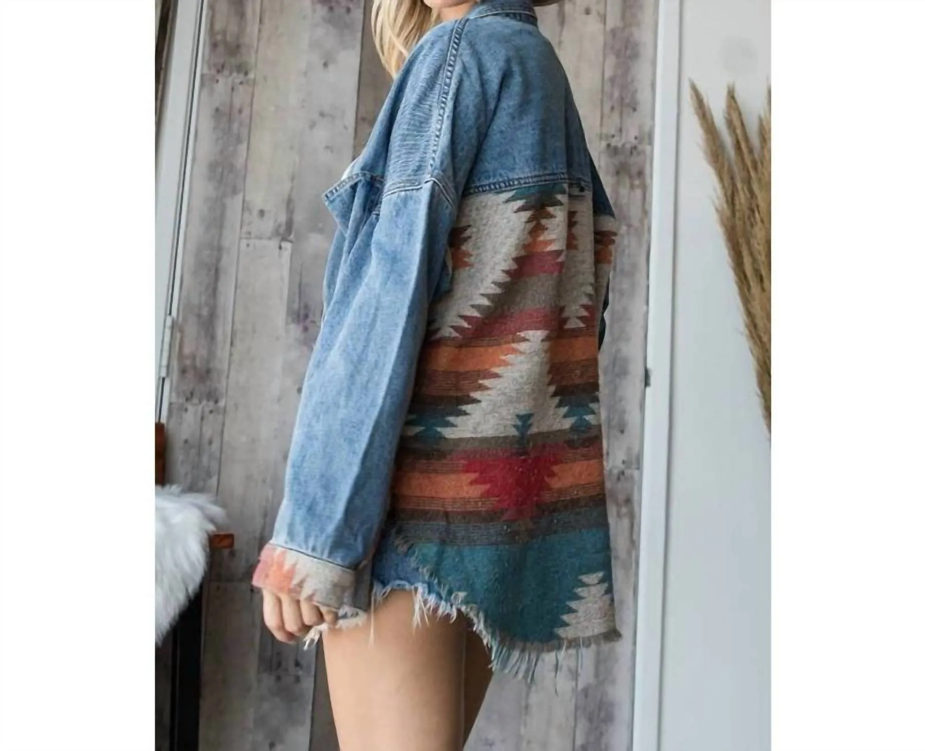 Vintage Pattern Splicing Denim Jacket In Med Wash Teal