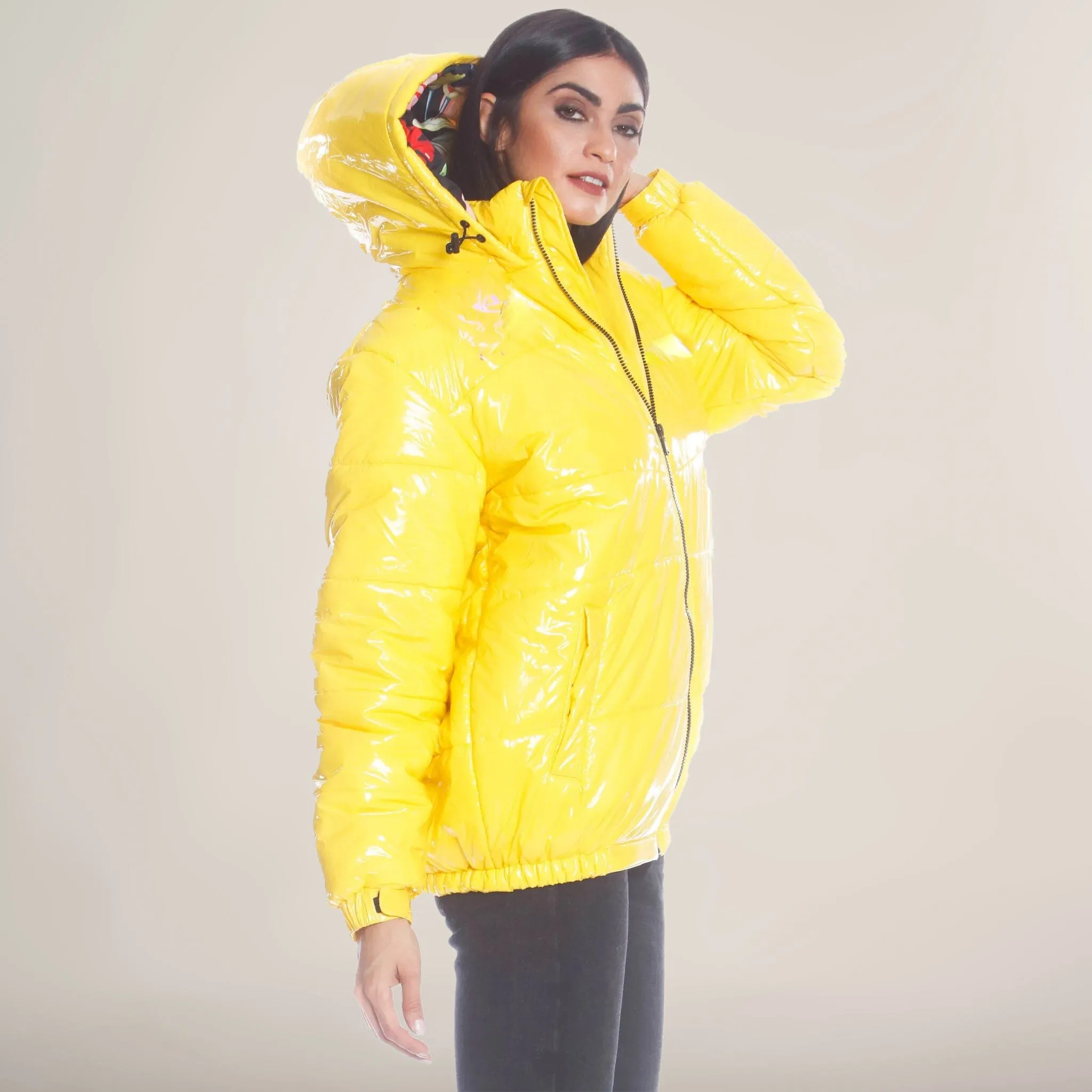 Women's Hi-Shine Chevron Quilt Puffer with Nickelodeon Mashup Print Lining Jacket