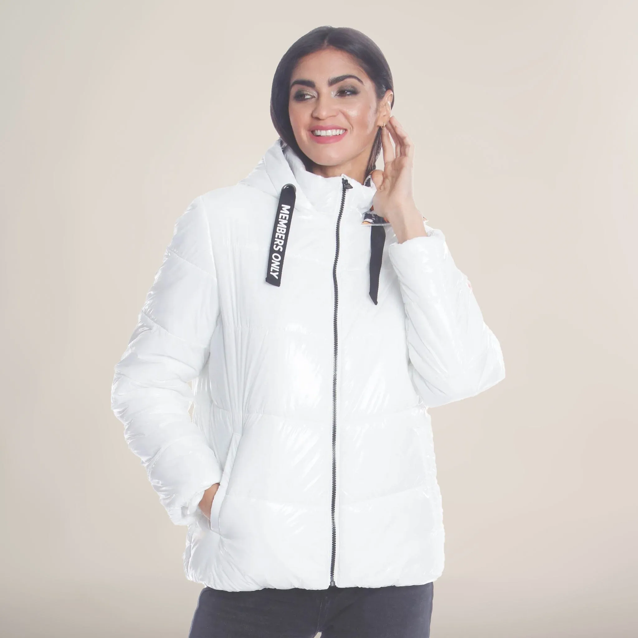 Women's Hi-Shine Chevron Quilt Puffer with Nickelodeon Mashup Print Lining Jacket