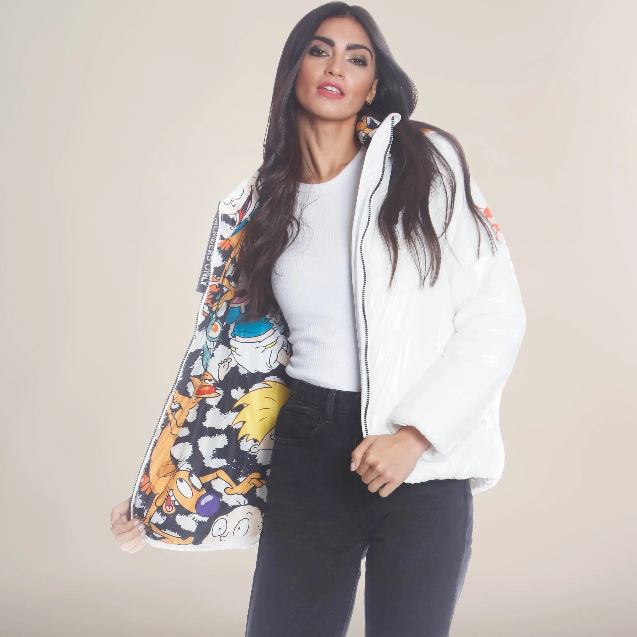Women's Hi-Shine Chevron Quilt Puffer with Nickelodeon Mashup Print Lining Jacket