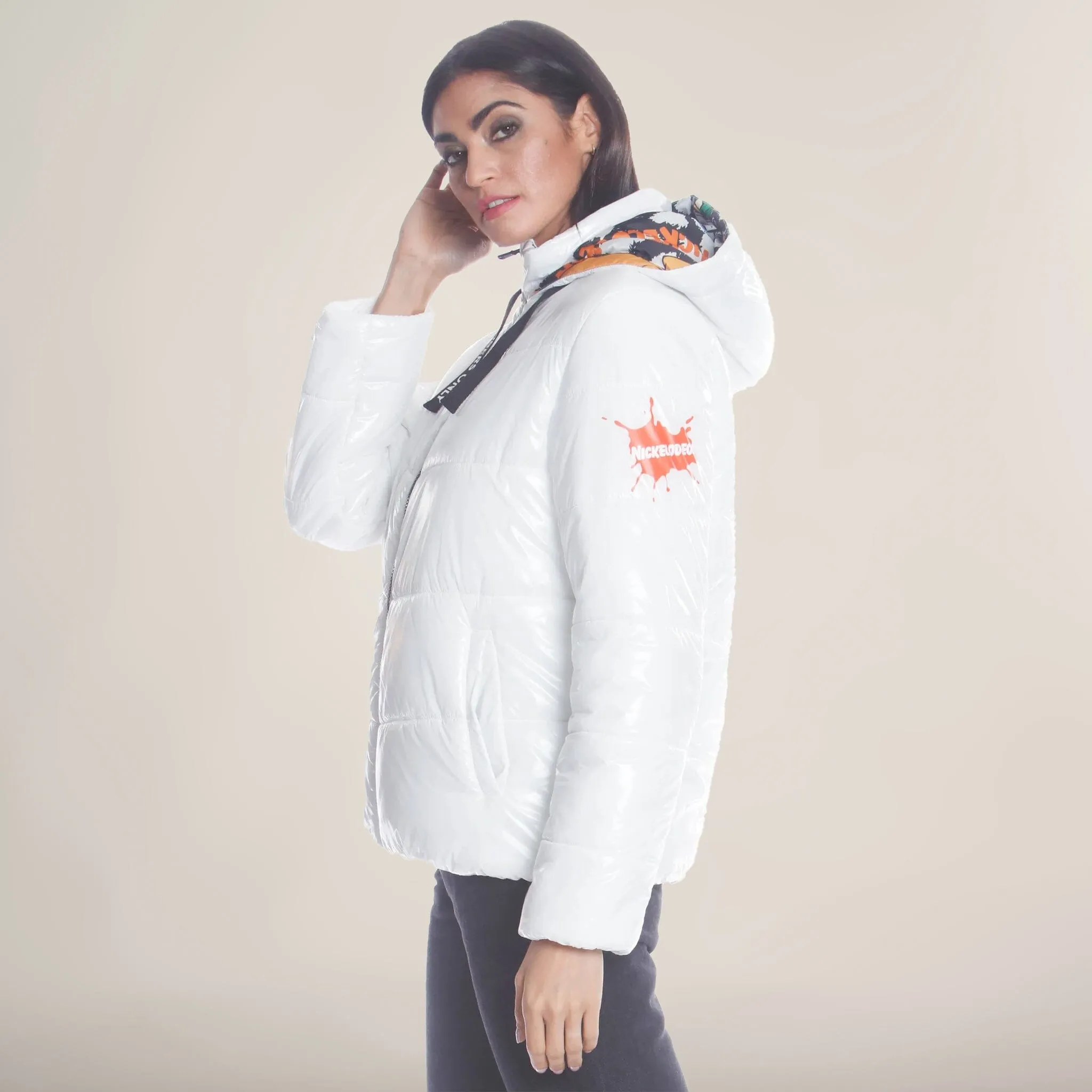 Women's Hi-Shine Chevron Quilt Puffer with Nickelodeon Mashup Print Lining Jacket