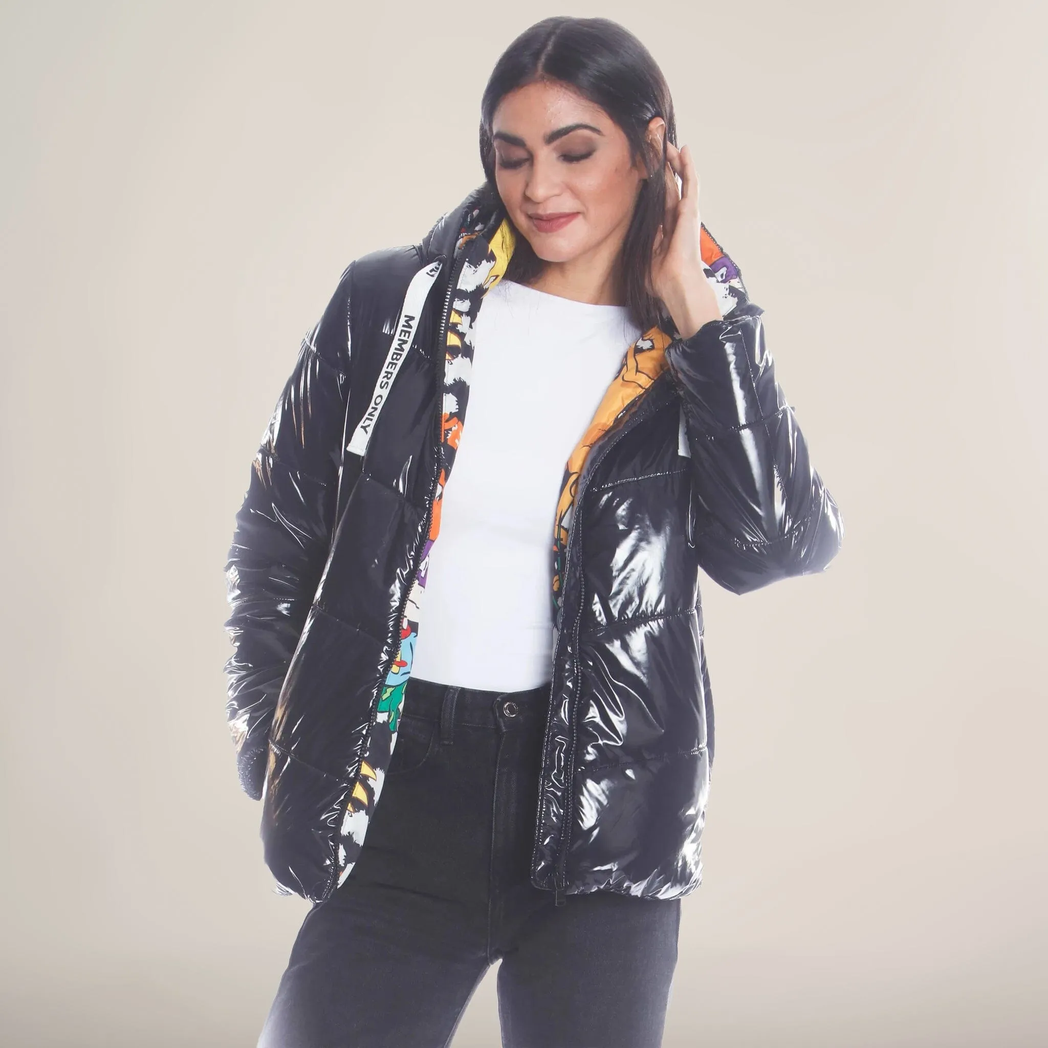 Women's Hi-Shine Chevron Quilt Puffer with Nickelodeon Mashup Print Lining Jacket