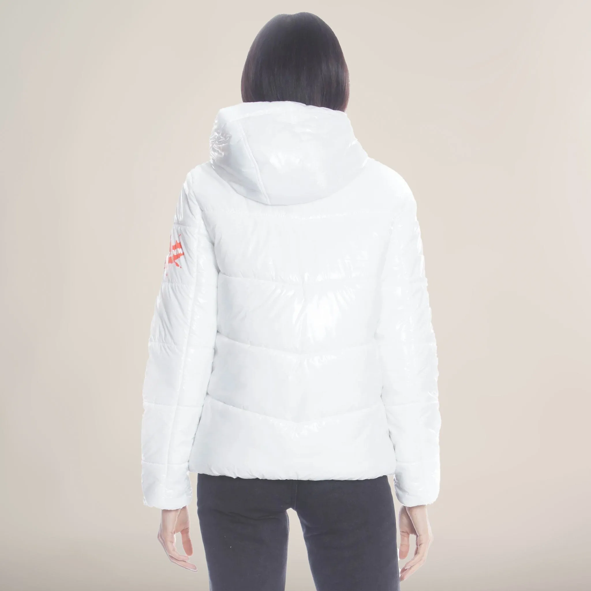 Women's Hi-Shine Chevron Quilt Puffer with Nickelodeon Mashup Print Lining Jacket