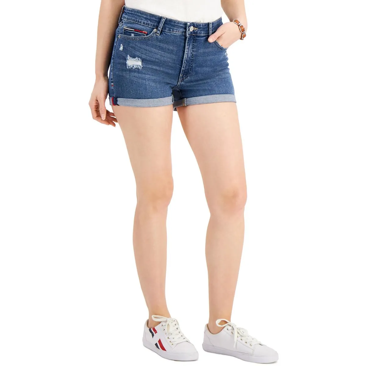 Womens Mid-Rise Distressed Denim Shorts