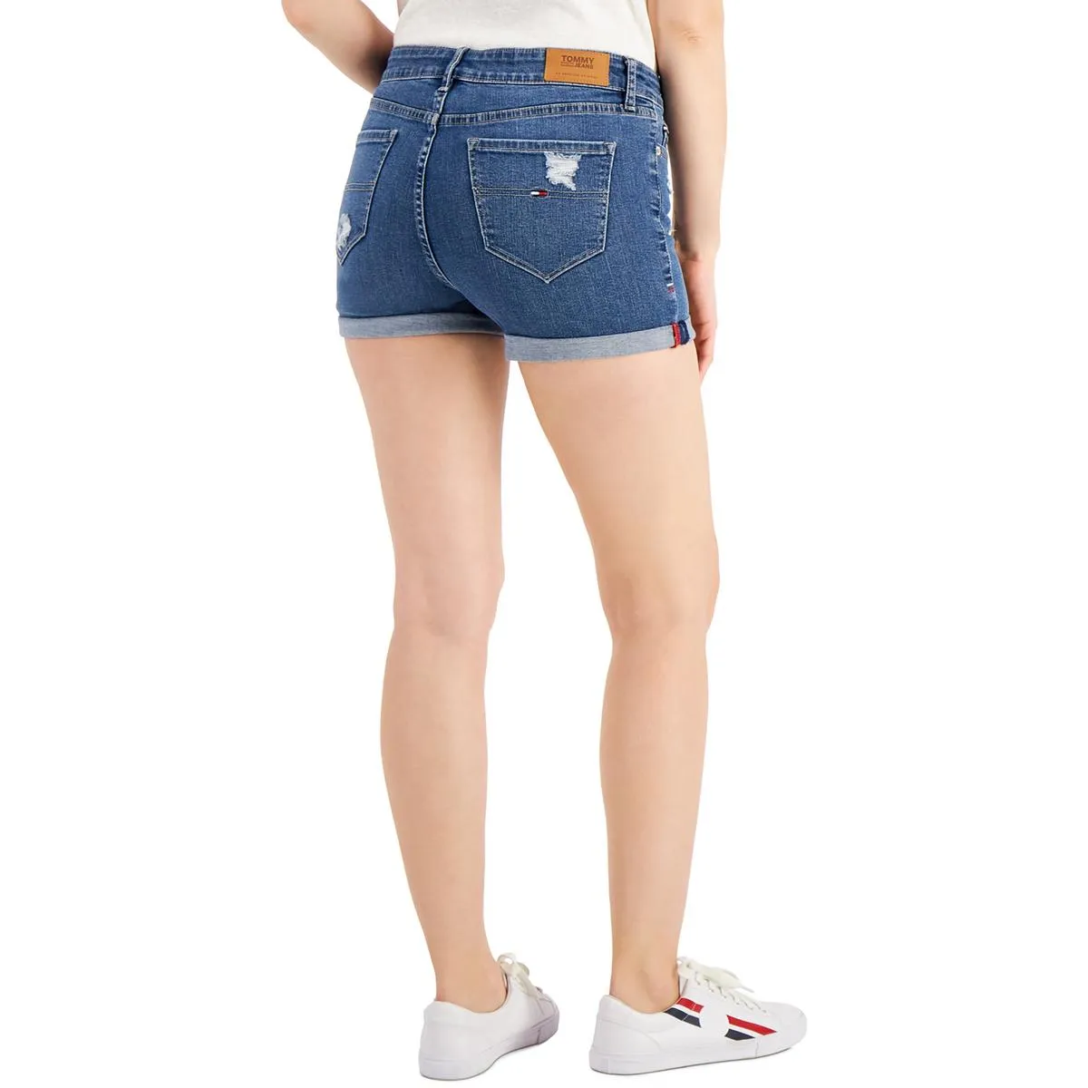 Womens Mid-Rise Distressed Denim Shorts