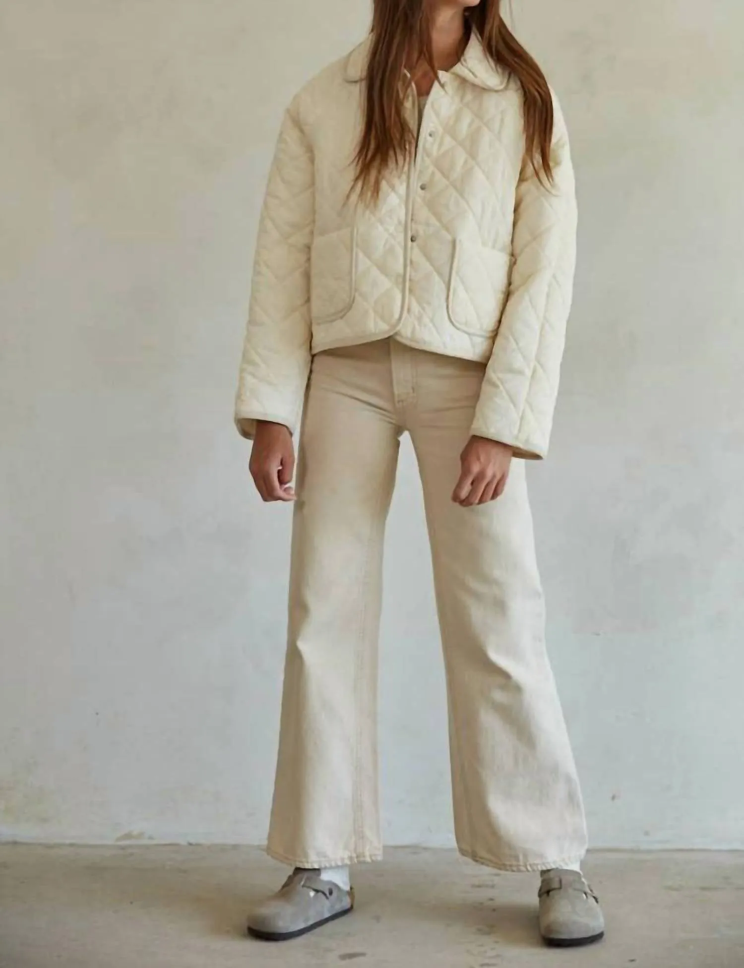 Woven Cotton Quilted Jacket In Cream