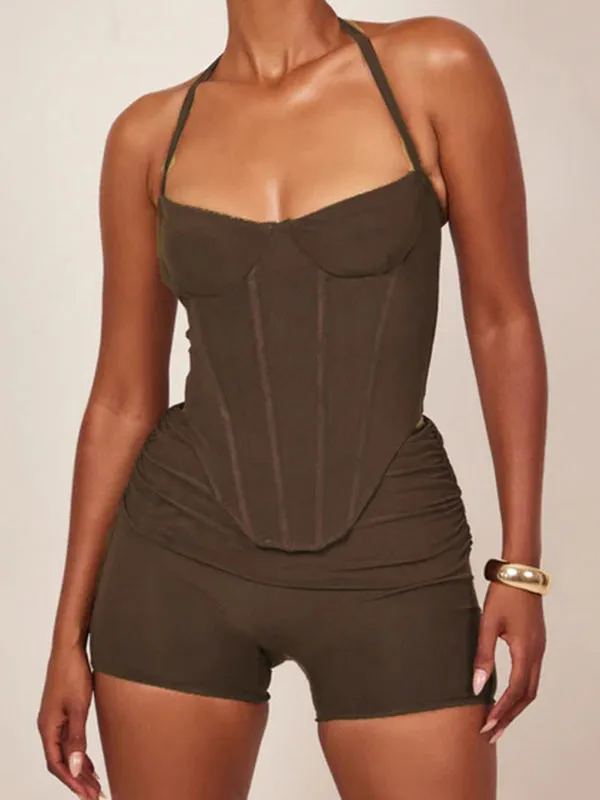 ZASUWA Female Elastic Tight Halter Backless Short Tracksuit