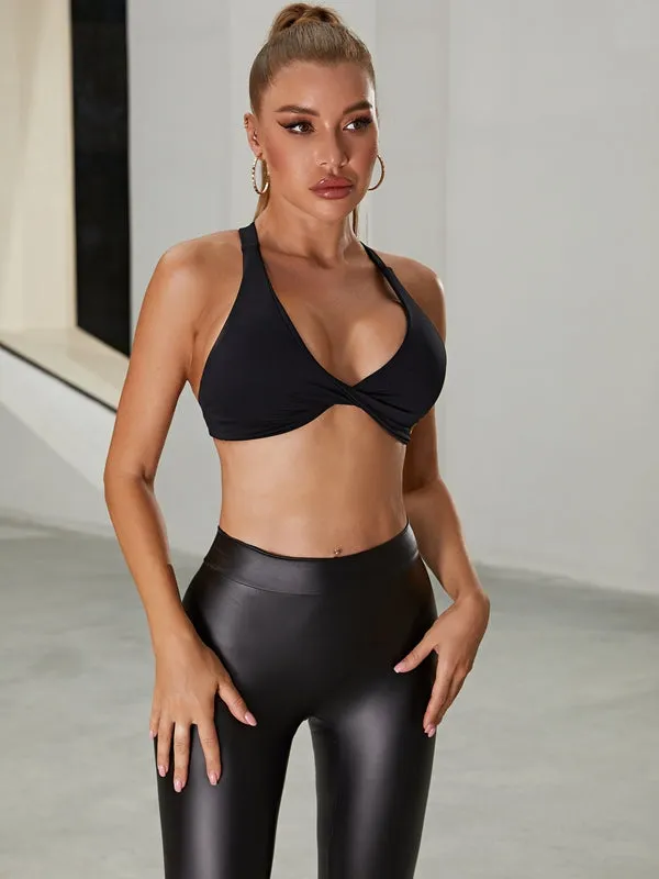 ??ZASUWA Female Faux Leather Deep V Back Scrunch Bum Twist Cross Back Tracksuit