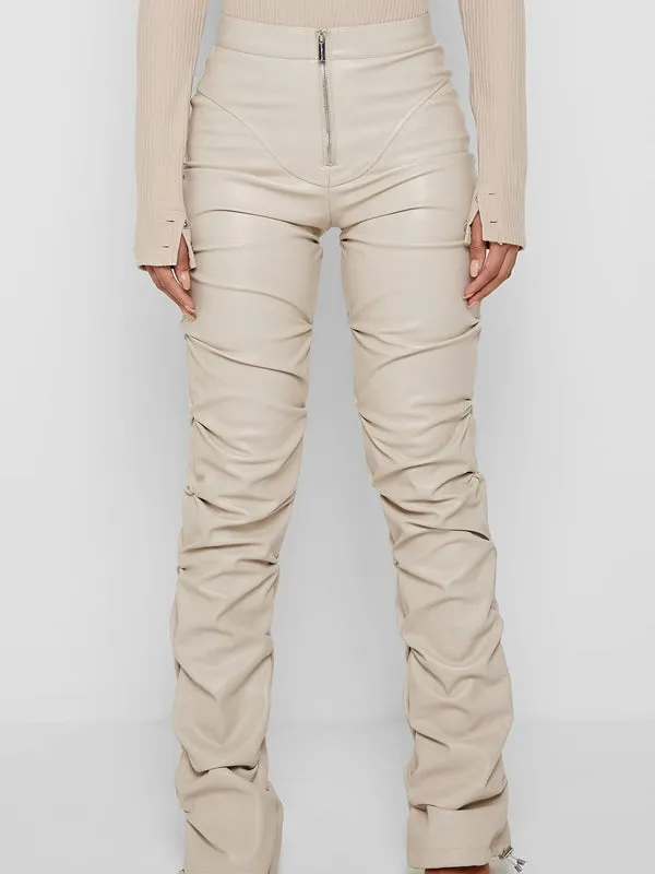 ZASUWA Female Faux Leather Folds Zipper Fashion Leggings