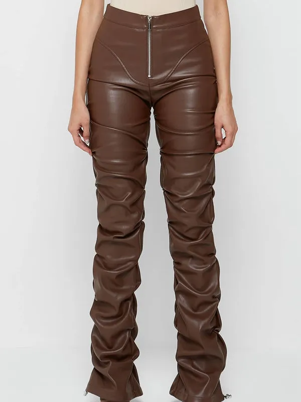 ZASUWA Female Faux Leather Folds Zipper Fashion Leggings