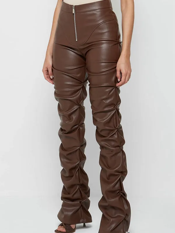 ZASUWA Female Faux Leather Folds Zipper Fashion Leggings