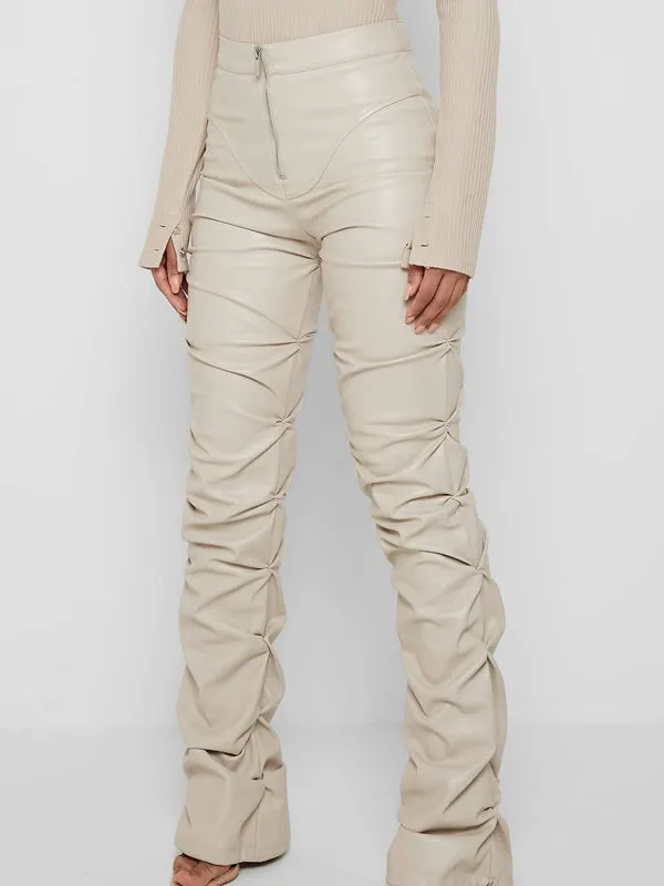 ZASUWA Female Faux Leather Folds Zipper Fashion Leggings