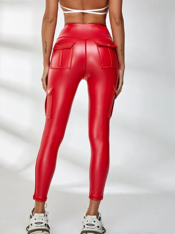 ZASUWA Female Faux Leather Pocket Scrunch Bum Cargo Leggings