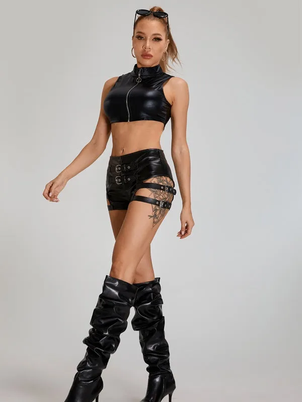ZASUWA Female Faux Leather Zipper Sexy Belt Buckles Short tracksuit