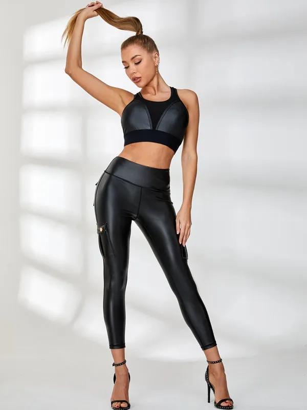 ZASUWA Female Fly Eye Contrast Color Faux Leather Pocket Scrunch Bum Tracksuit