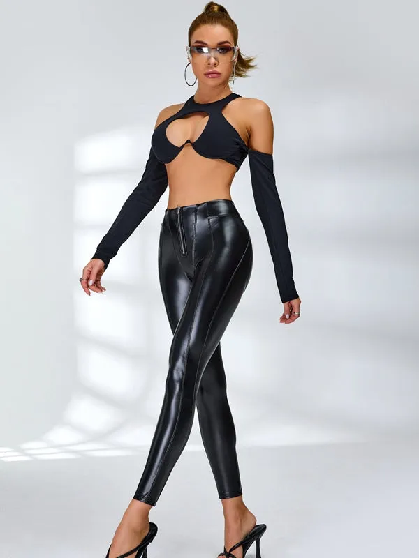 ZASUWA Female Fly-Eye Faux Leather Push-Up Zipper Hip-lift Hollow Out Breathable Tracksuit