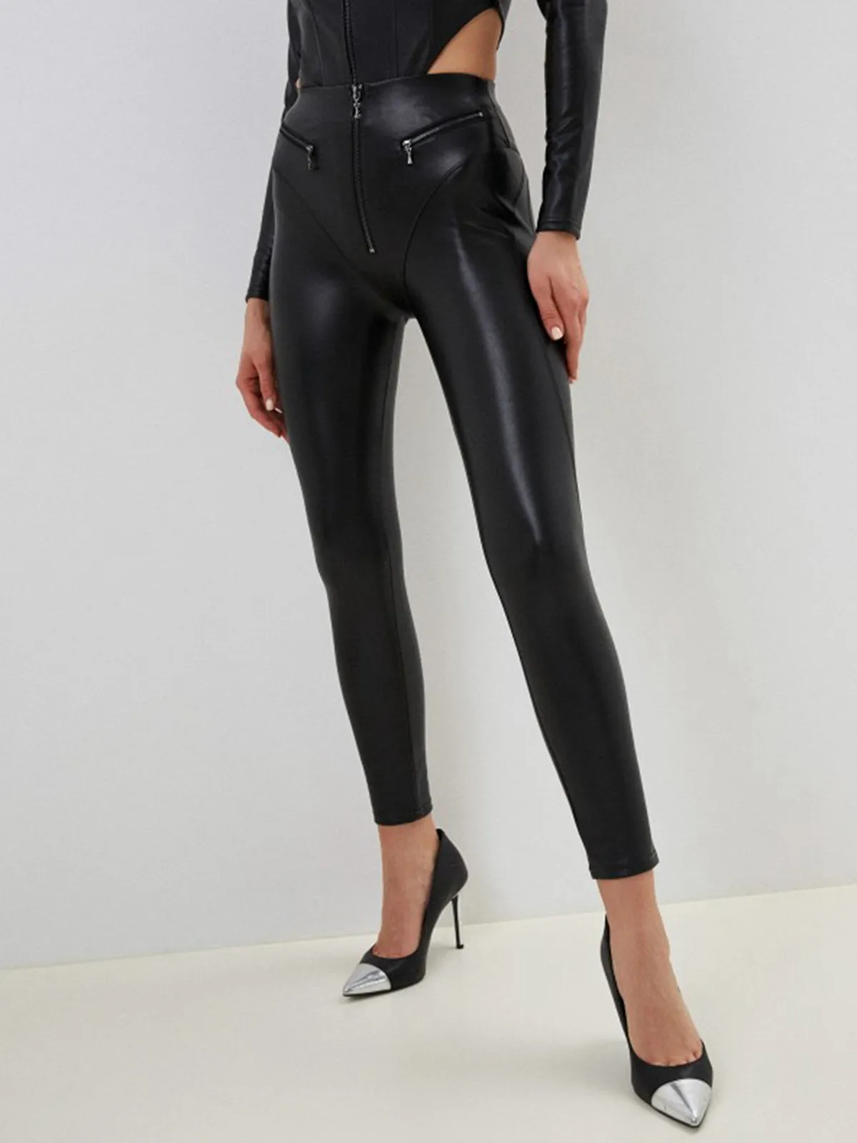 ?ZASUWA Female Fly-eye PU Zipper Hip-lift Leggings